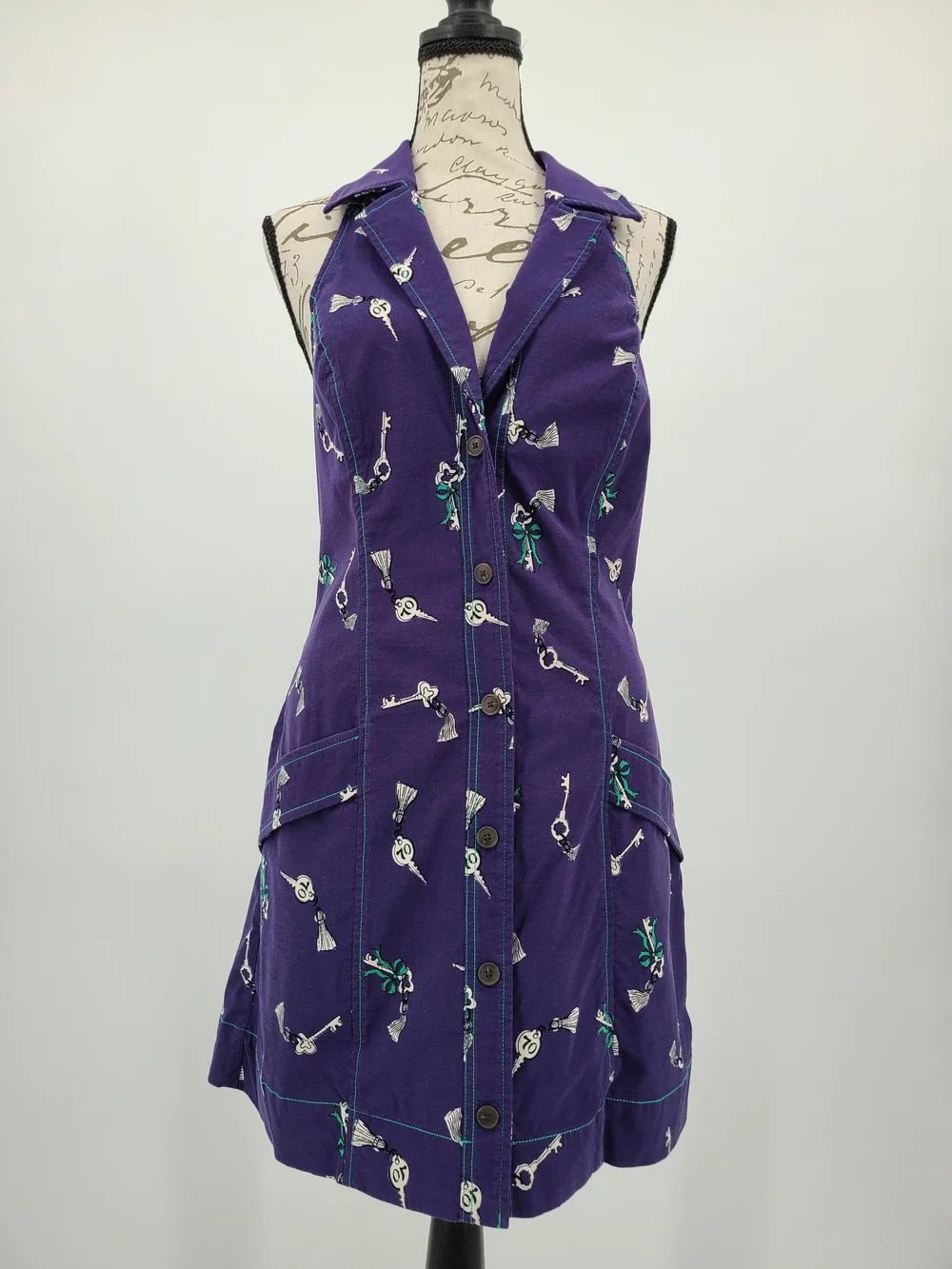 Anthropologie's Maeve Mini Halter Dress With Whimsical Key Print Size XL